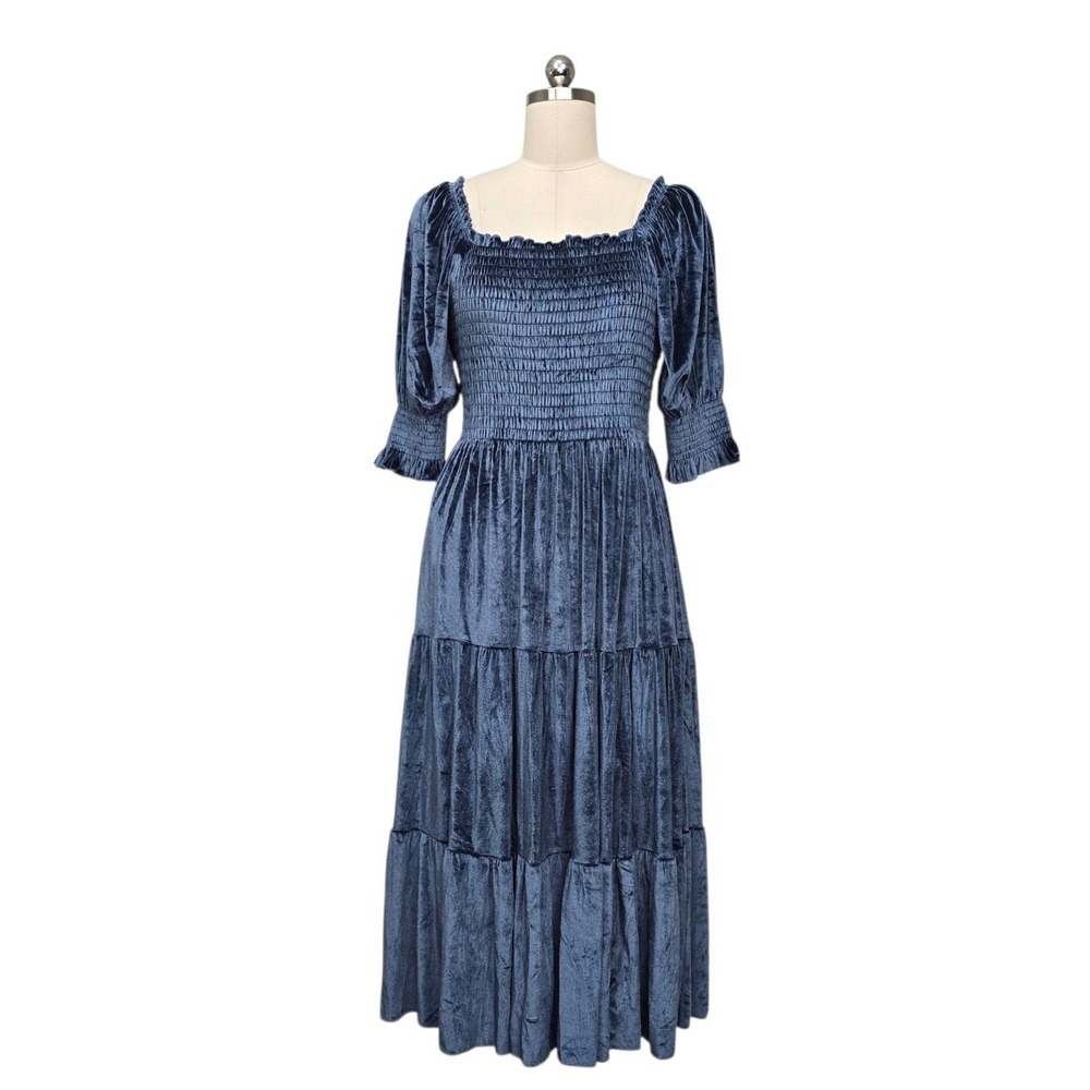 Baltic Born Navy Blue Crushed Velvet Smocked Tiered Midi Dress Size Large